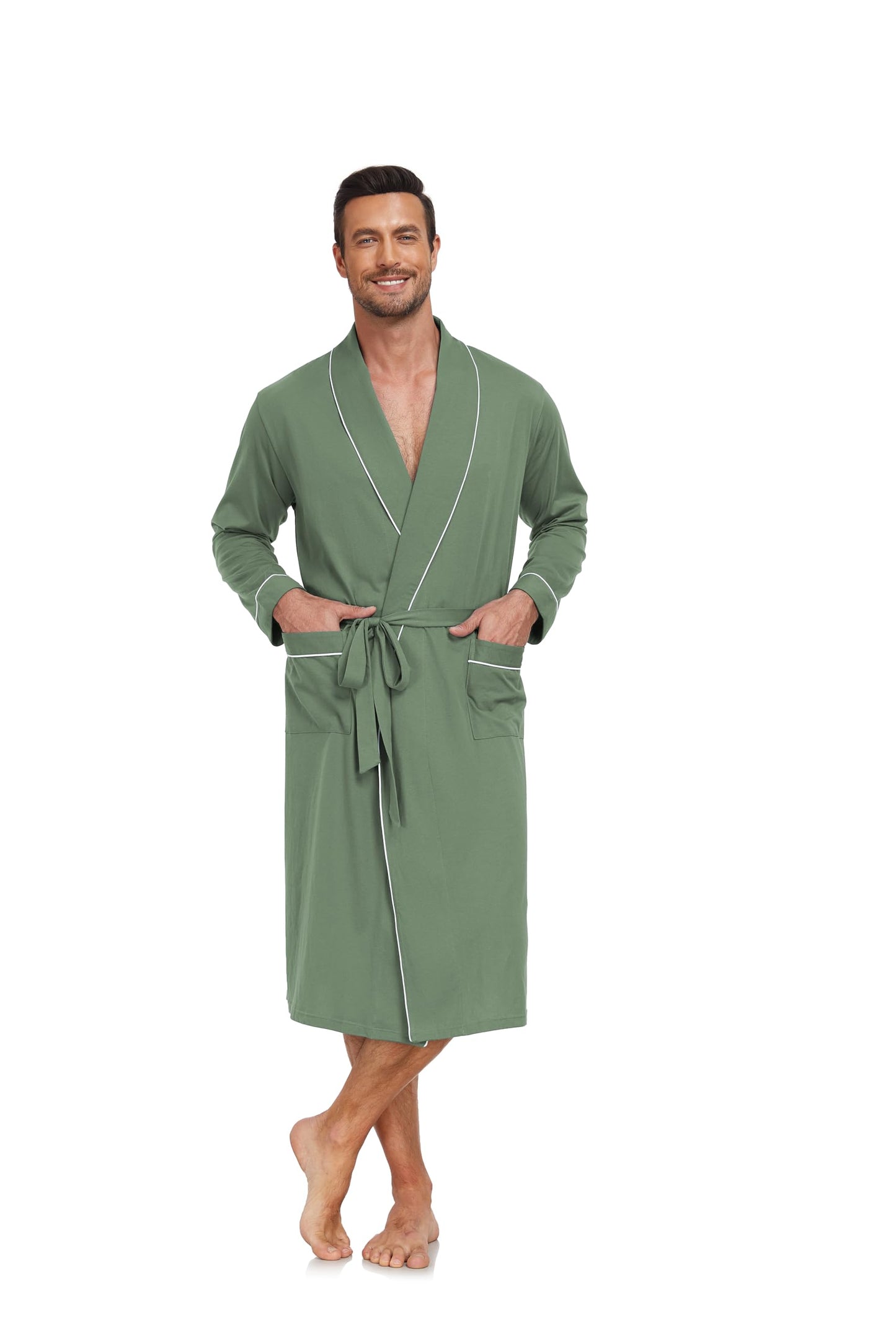 COLORFULLEAF Mens 100% Cotton Robes Lightweight Summer Long Bathrobe Sleepwear Soft Knit Spa Robe with Pockets, Army Green, Medium