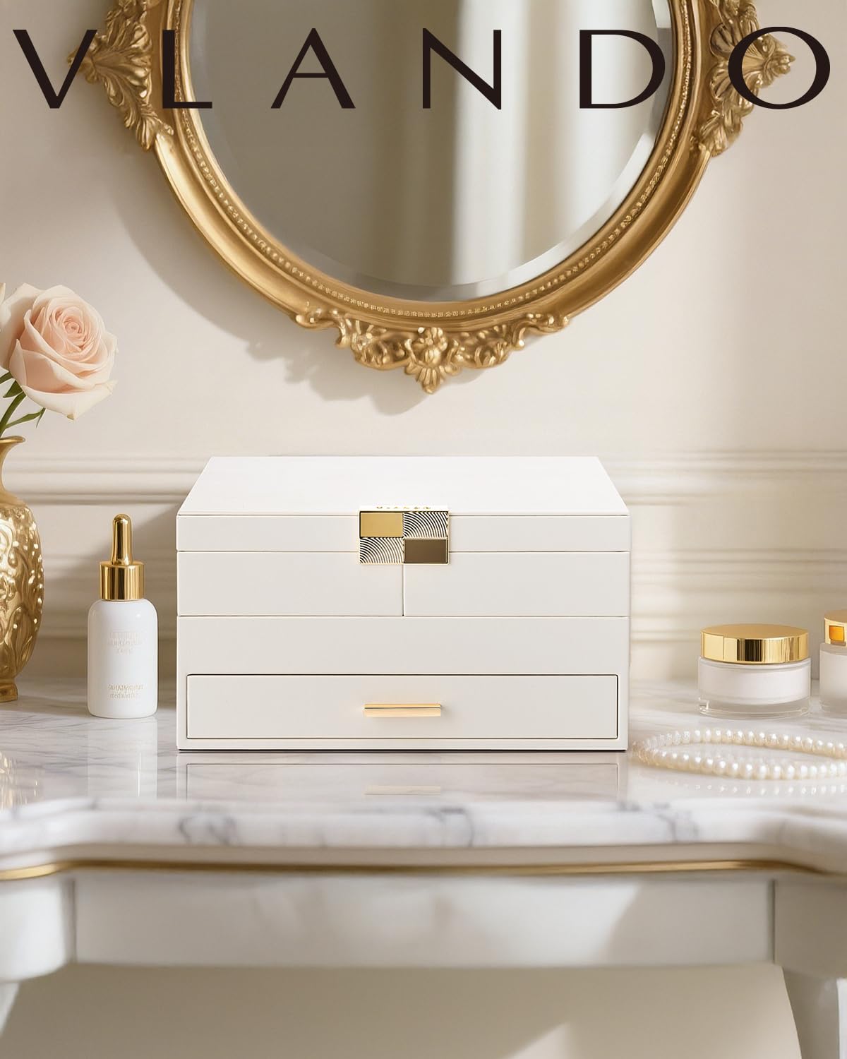 Vlando Jewelry Boxes for Women,3 Layers Jewelry box Organizer With Expandable and Removable Tray,Jewelry Organizer Box for Earring,Ring,Necklace,Bracelets,Beige