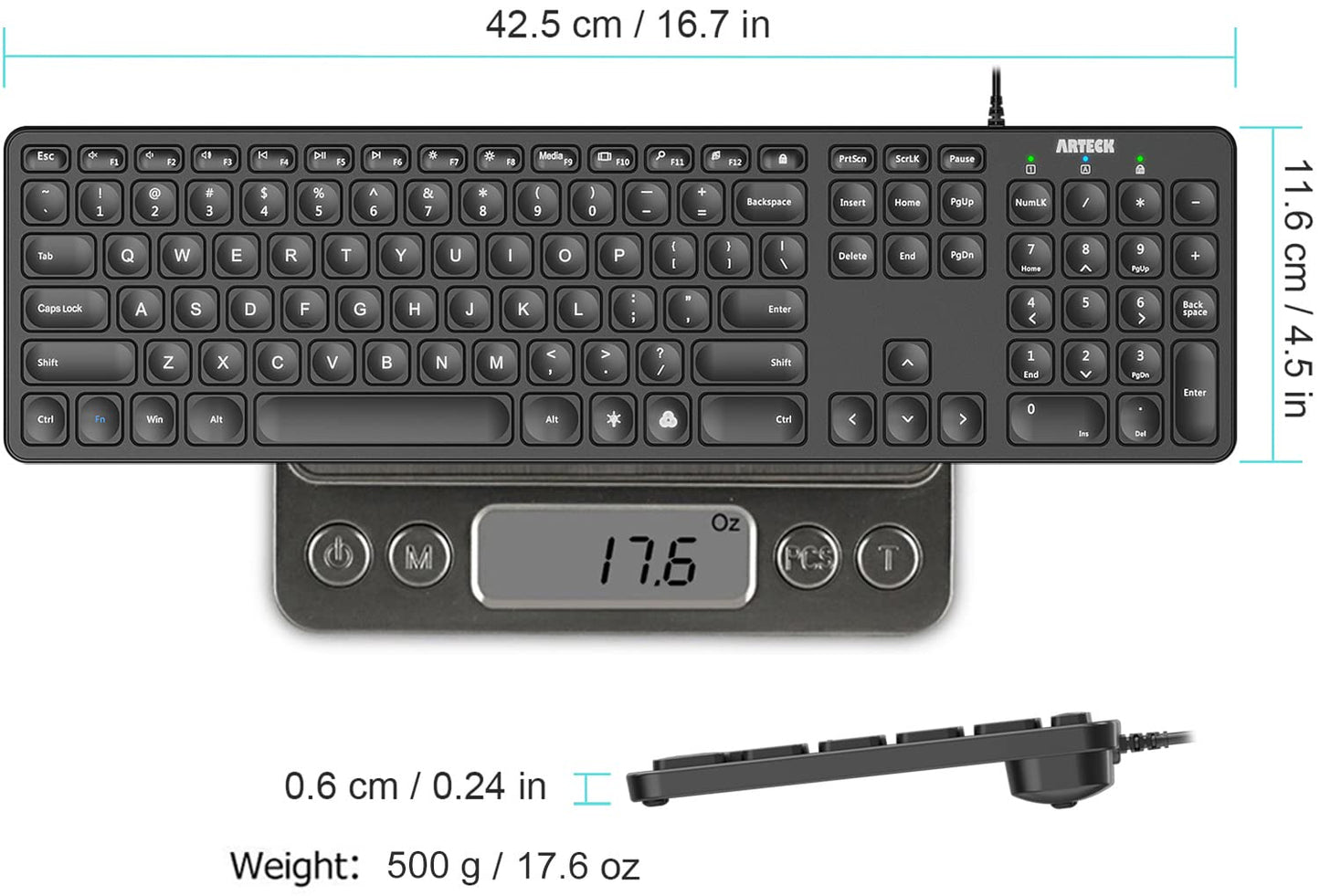 Arteck USB Wired Keyboard Universal Backlit 7-Colors & Adjustable Brightness Full Size Keyboard with 4 Feet Wire, Numeric Keypad and Media Hotkey for Computer Desktop PC Laptop and Windows 11 10 8 7