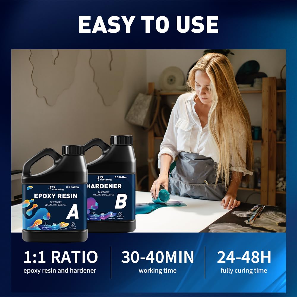 Honcaring Epoxy Resin 1 Gal Kit, Clear Beginner-Friendly Kit, Less Bubble & Low Odor Resin Epoxy for Casting, Jewelry Making, Crafts, Easy Mix Ratio 1:1 (0.5 Gallon×2)
