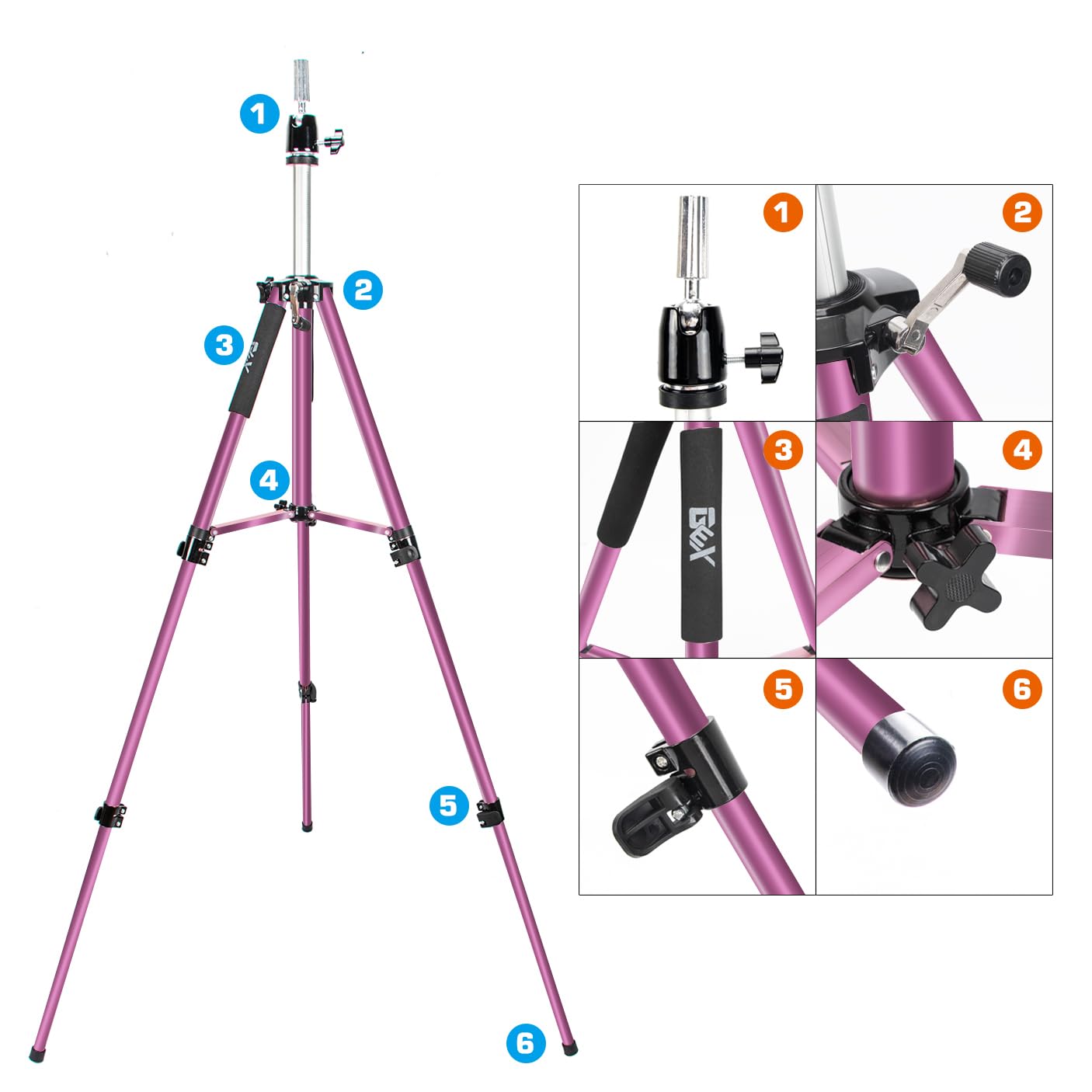 GEXWORLDWIDE GEX 63" Heavy Duty Mannequin Tripod Stand for Wig Cosmetology Training Practice Doll Manikin Head Tripod Wig Stand With Travel Bag (Rosy)