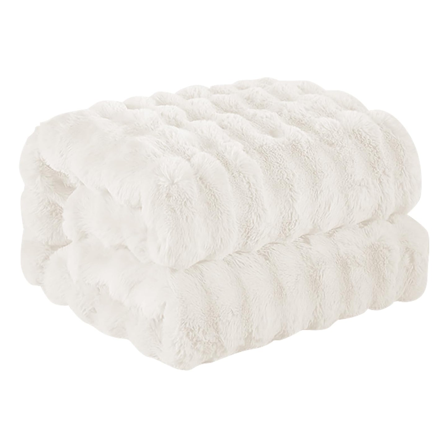 Faux Rabbit Fur Throw Blanket, Luxury Soft Warm Bubble Blanket for Bed, Couch, Sofa, Beige, 50" X 60"