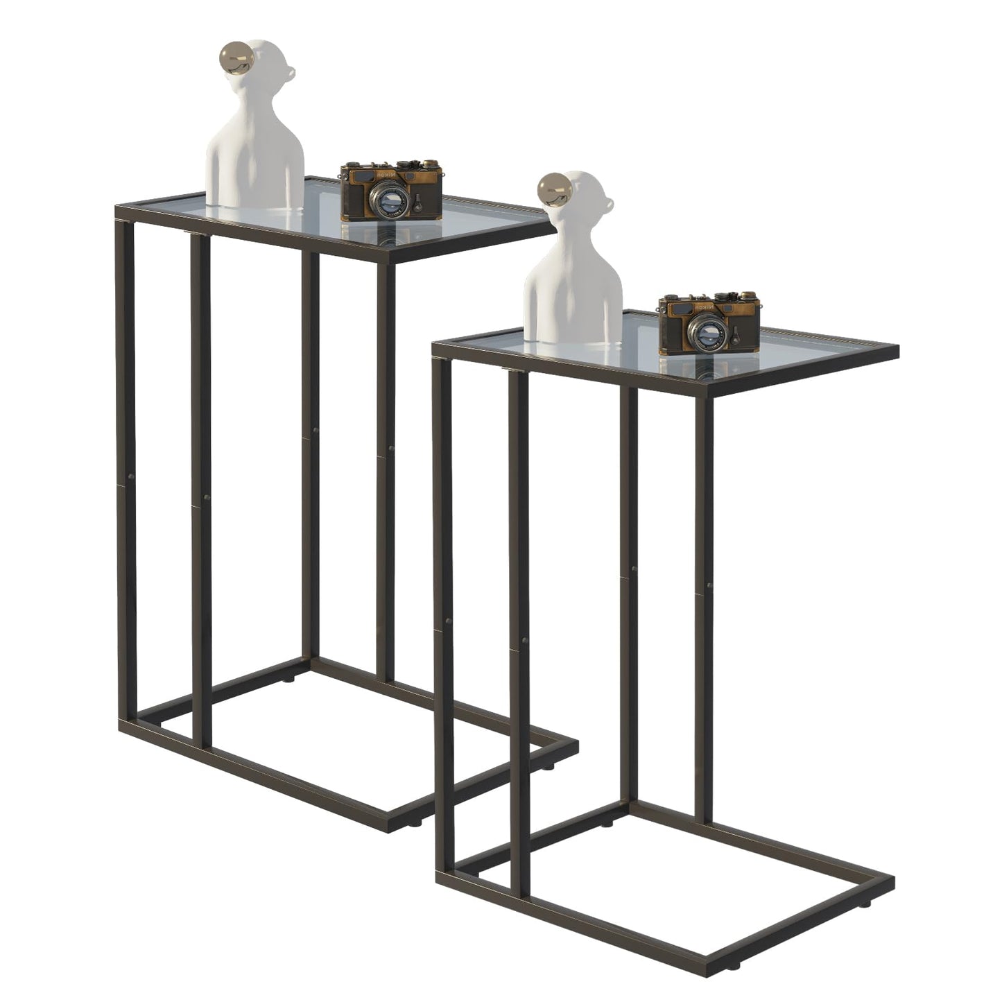 Easy Paws C Shaped End Table Set of 2, Tempered Glass Snack Side Table with Metal Frame, Sofa Couch Side Table, Modern Style, Black