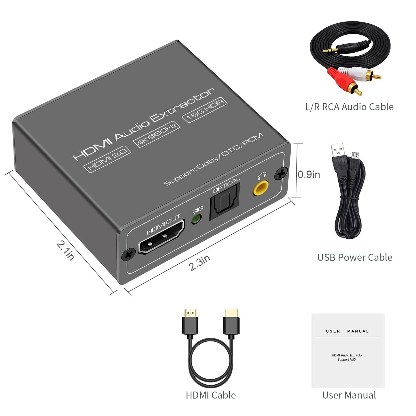 4K60Hz HDMI Audio Extractor Splitter Converter to Optical and 3.5mm AUX Adapter Supports 2.0 18Gpbs Bandwidth Digital DTS PCM HDR10