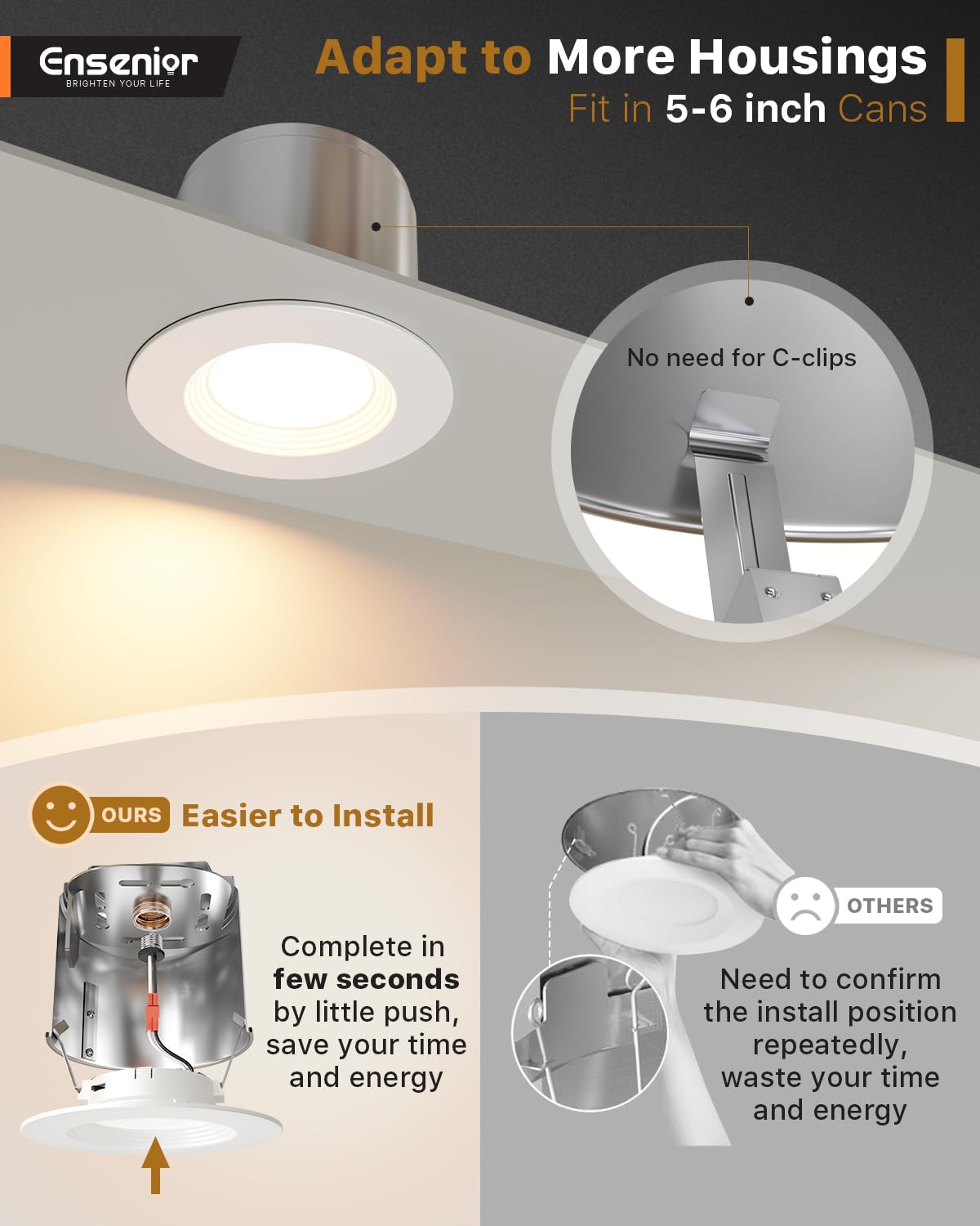 Ensenior 5/6 Inch 5CCT LED Pot Lights 12 Pack, Retrofit Recessed Led Ceiling Lighting, Baffle Trim, Dimmable, 9W=110W, 1000LM, 2700K/3000K/3500K/4000K/5000K Selectable, IC Rated - FCC(12, 6 Inch)