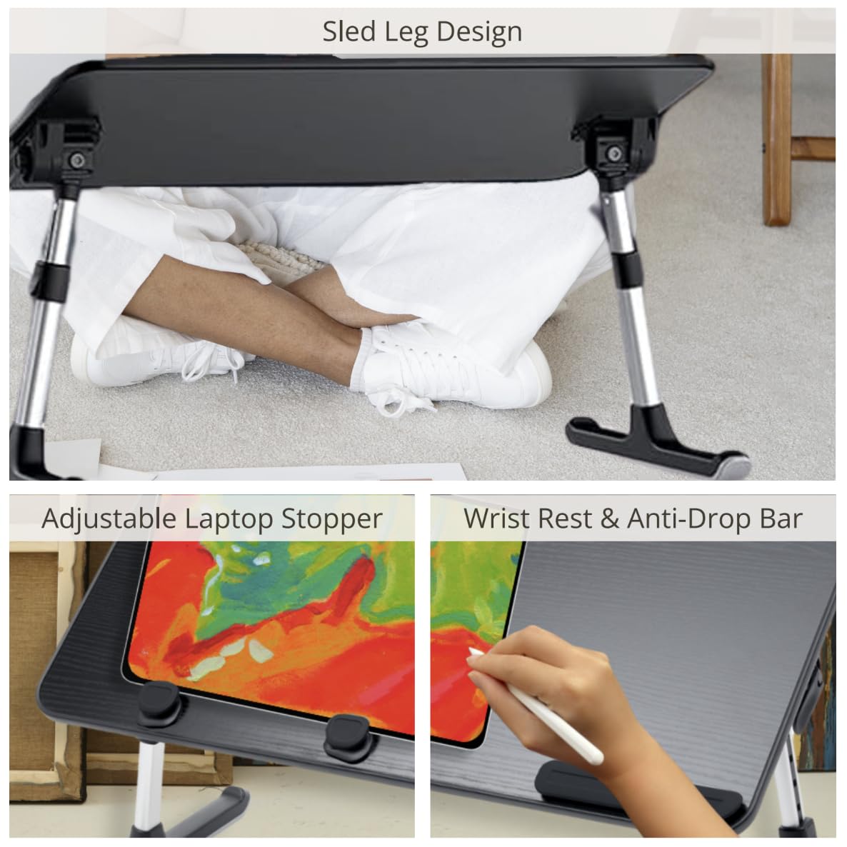 AXTON Black Foldable Laptop Table Desk Stand, Adjustable, Portable Workstation for Bed, Floor, Couch, Sofa, Breakfast, Lap - for Home, Office, Work, Reading, Writing, and Dining - Medium