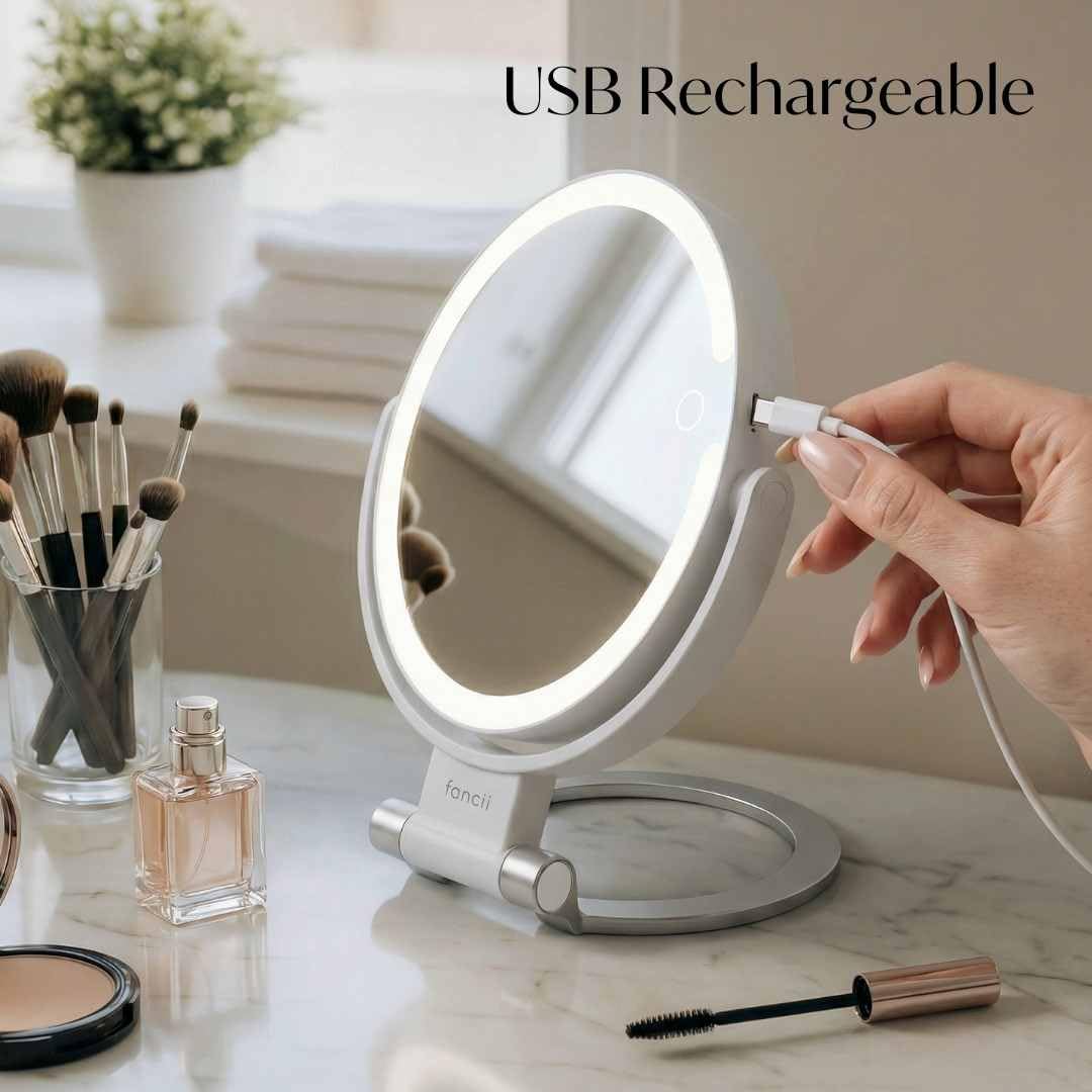 Fancii Travel Magnifying Mirror 10x /1x with Lights, Rechargeable | 9-Inch Extra Large LED Lighted Makeup Mirror, Folding Double Sided Portable Vanity Mirror, 3 Light Settings, Touch Sensor (Sadie)