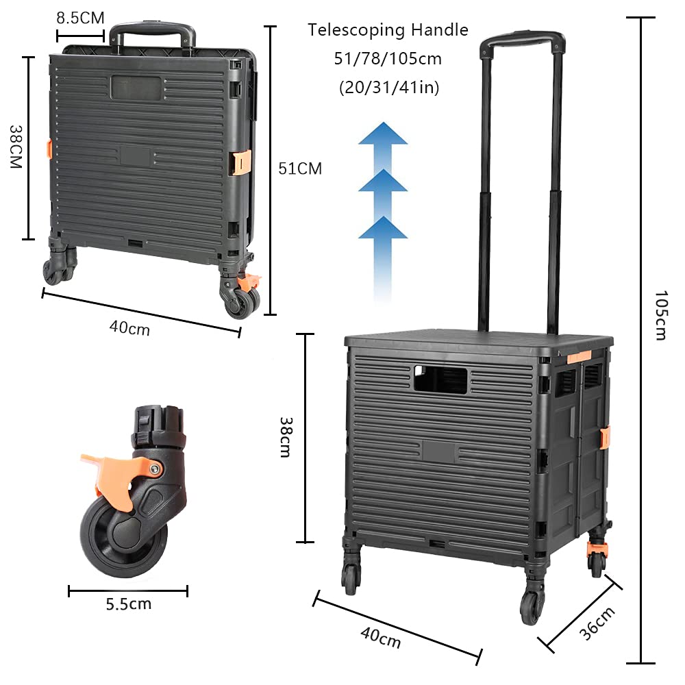 Foldable Utility Cart Folding Portable Rolling Crate Handcart with Durable Heavy Duty Plastic Telescoping Handle Collapsible 4 Rotate Wheels for Travel Shopping Moving Luggage Office Use (Black+Black)