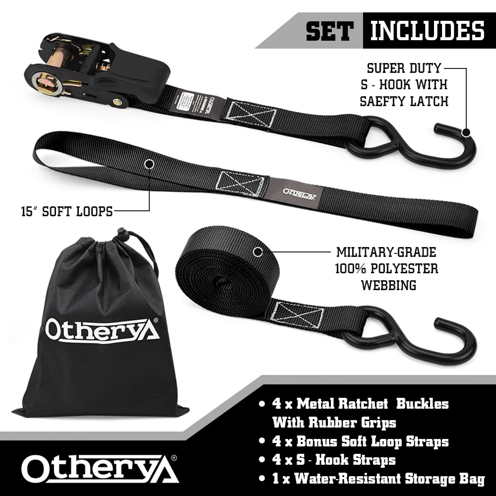 Otherya Ratchet Straps Tie Downs - 4 Pk-15 Ft 1760 Lb Break Strength - Motorcycle Straps Tie Downs, Kayak, Truck, Trailer and Boat Lawn Equipment- Includes 4 Soft Loops （Black）