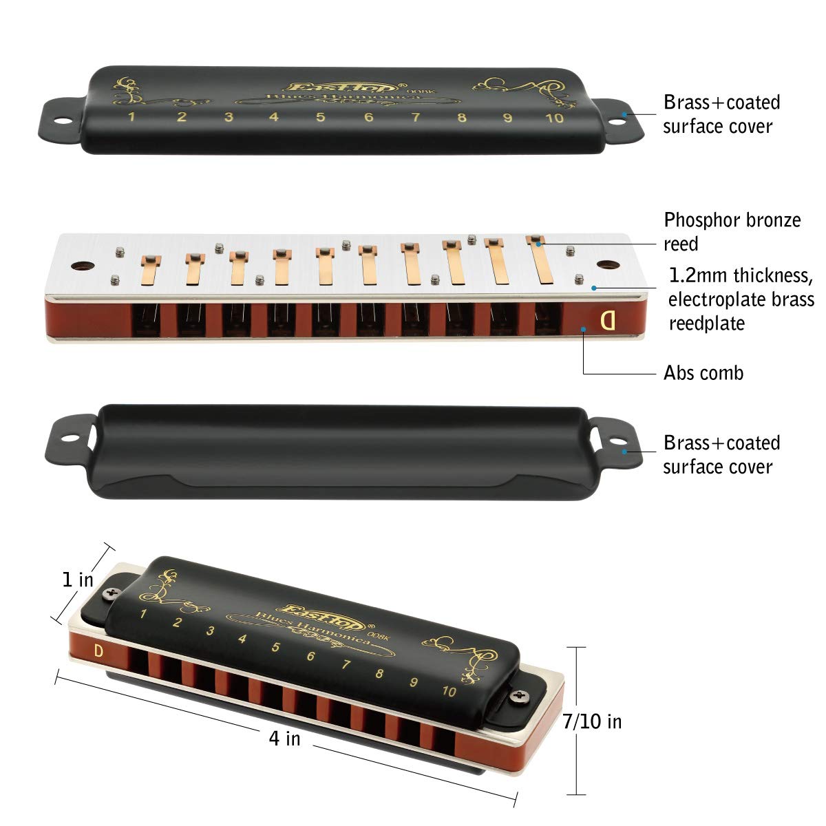 East top Harmonica Paddy D, Blues Harmonica Key of Paddy D 10 Hole 20 Tone Blues Mouth Organ Diatonic Harmonica Adult Musical Instrument for Professional Player, Beginner, Students (Black)