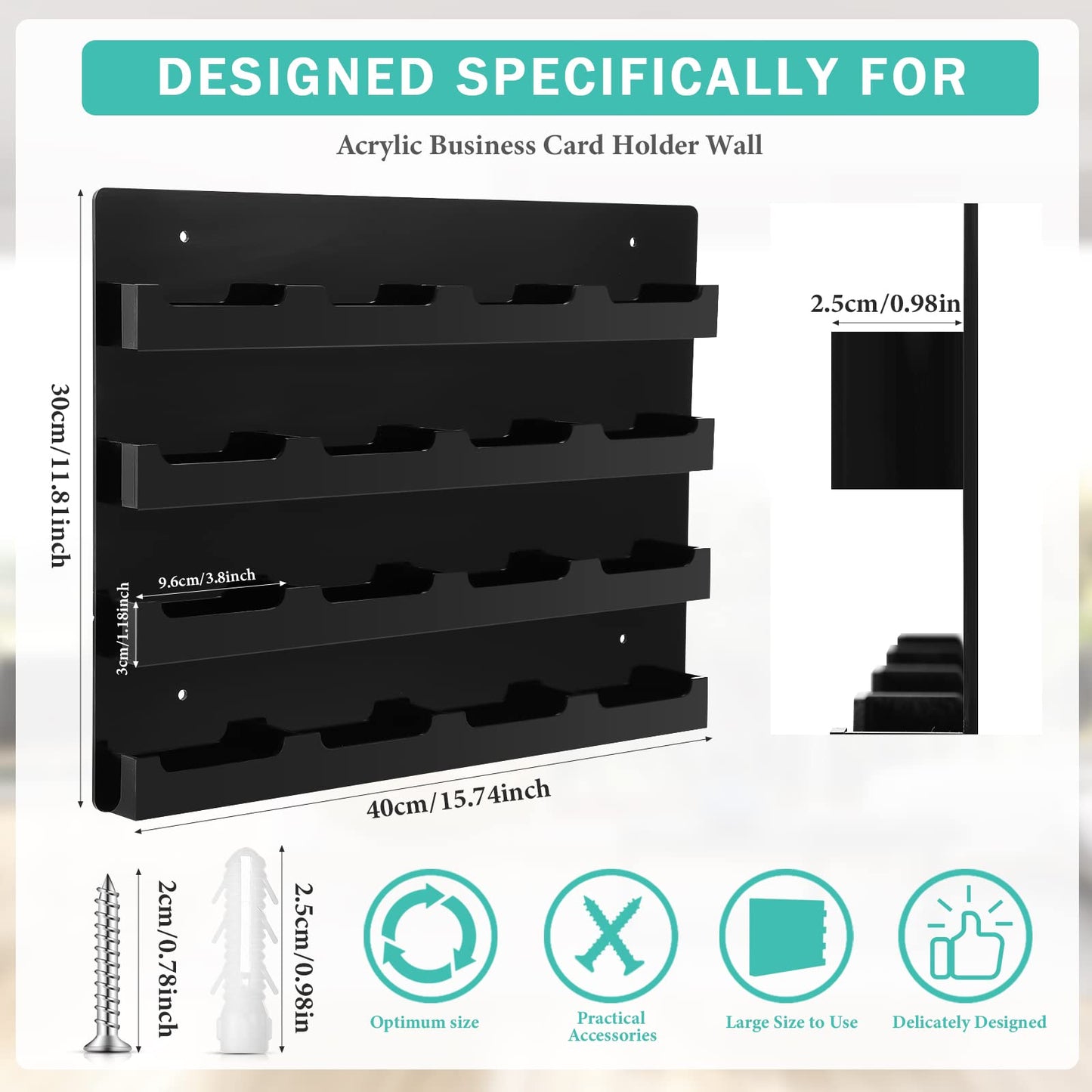 Geelin 2 Pcs Business Card Holder Wall Mount 16 Pocket Black Acrylic Business Card Display Holder with Hanging Hardware Vertical Sticker Display Rack Organizing Stand for Office Home(Horizontal)