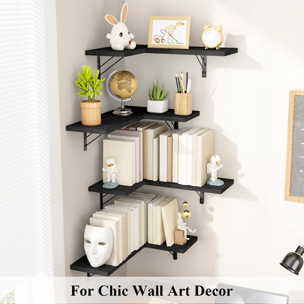 Love-KANKEI Corner Shelf Wall Mounted, Floating Wall Shelves for Storage, Rustic Wood Hanging Shelves for Display, Bathroom Kitchen Bedroom Living Room, Set of 4, Black