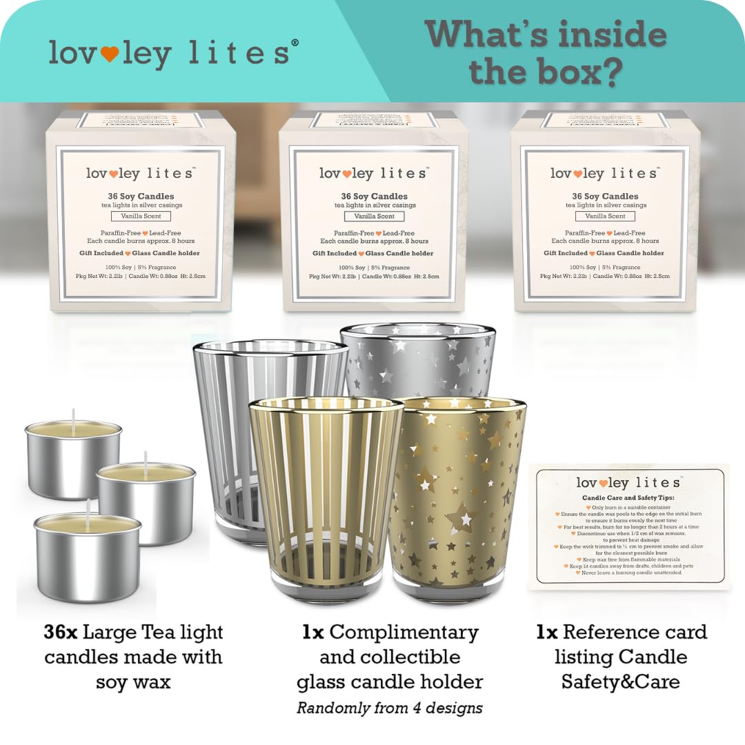 Lovley Lites Soy Tealight Candles Vanilla - 36 Premium Long Burning 1 Inch Tall Tea Lights Scented with Complimentay Glass Candle Holder