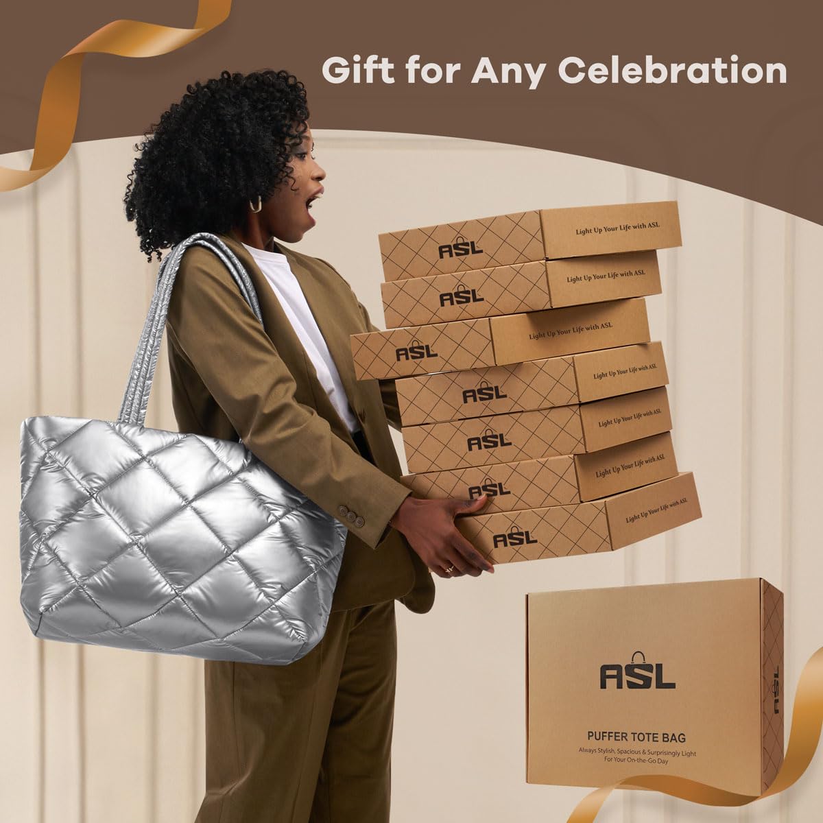 ASL Puffer Tote Bag for Women, Lightweight Quilted Handbags with Bottle Pockets for 15.6 Inch Laptop, Work Travel Nurse Gifts, Shiny Silver