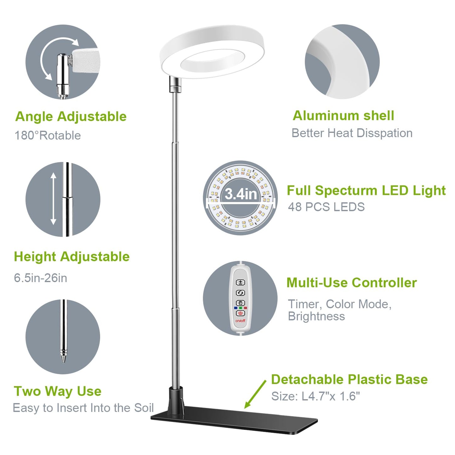 Kullsinss Grow Lights for Indoor Plants, 48 LED Full Spectrum Halo Plant Light, Height Adjustable Growing Lamp with Detachable Base, 3H 9H 12H Timer, 10 Brightness, Ideal for Small Plants, 3 Pack