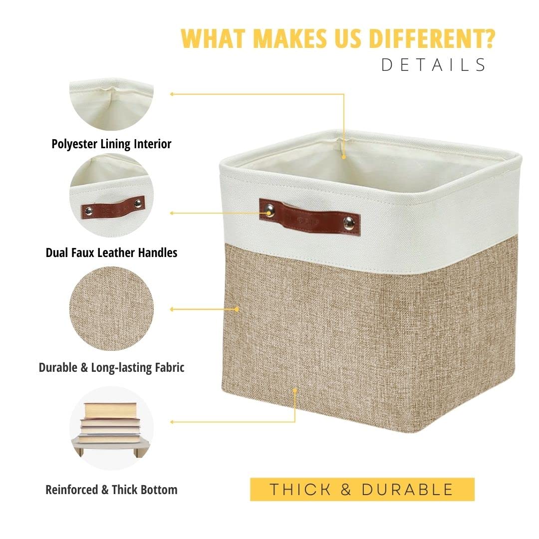 DECOMOMO Cube Storage Bin, Storage Baskets for Shelves, 12x12 inches Collapsible Fabric Storage Cubes (Beige & White, 4pcs)