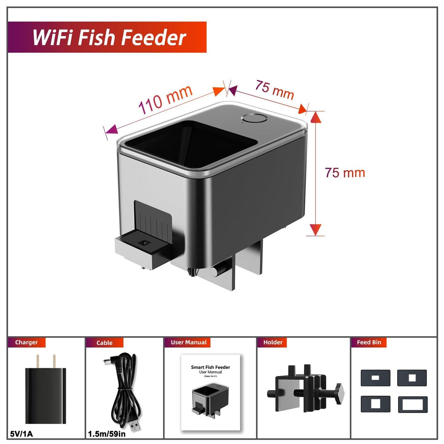 GEZIEKID WiFi Automatic Fish Feeder for Aquarium, Food Dispenser for Fish Tank with App Control, USB Powered, Suitable for Small Fish Tank Pelleted Food, Black