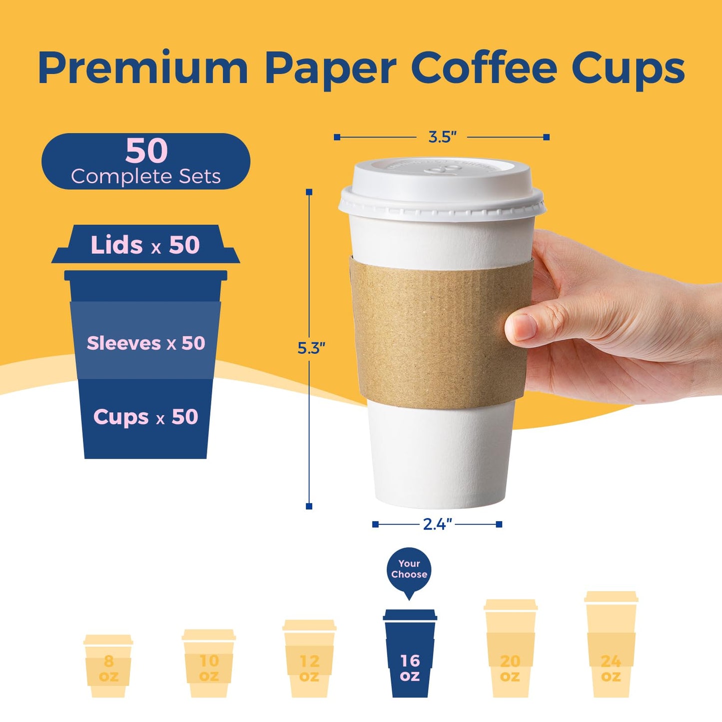 Fit Meal Prep 50 Pack 16 oz Disposable Coffee Cups with Lids, Sleeves, Leak-Proof To Go Coffee Cups with Lids, Durable Hot Paper Cups for Home, Office, Party, Business