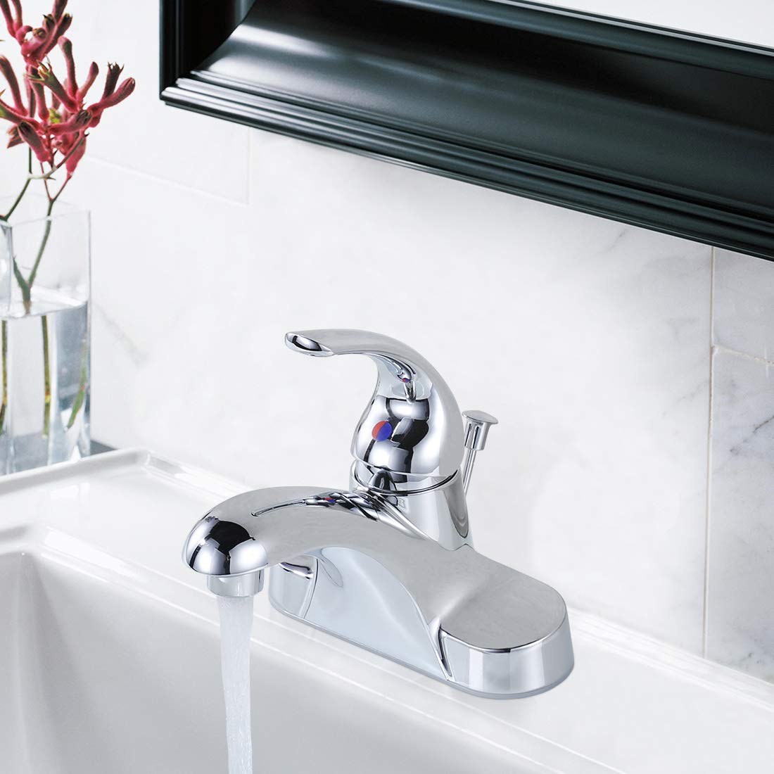 WOWOW Bathroom Faucet 1 Handle Low Arc Lead Free Single Handle 4 inch Centerset Bathroom Sink Faucet with Pop Up Drain Assembly Basin Mixer Tap Chrome Vanity Faucet