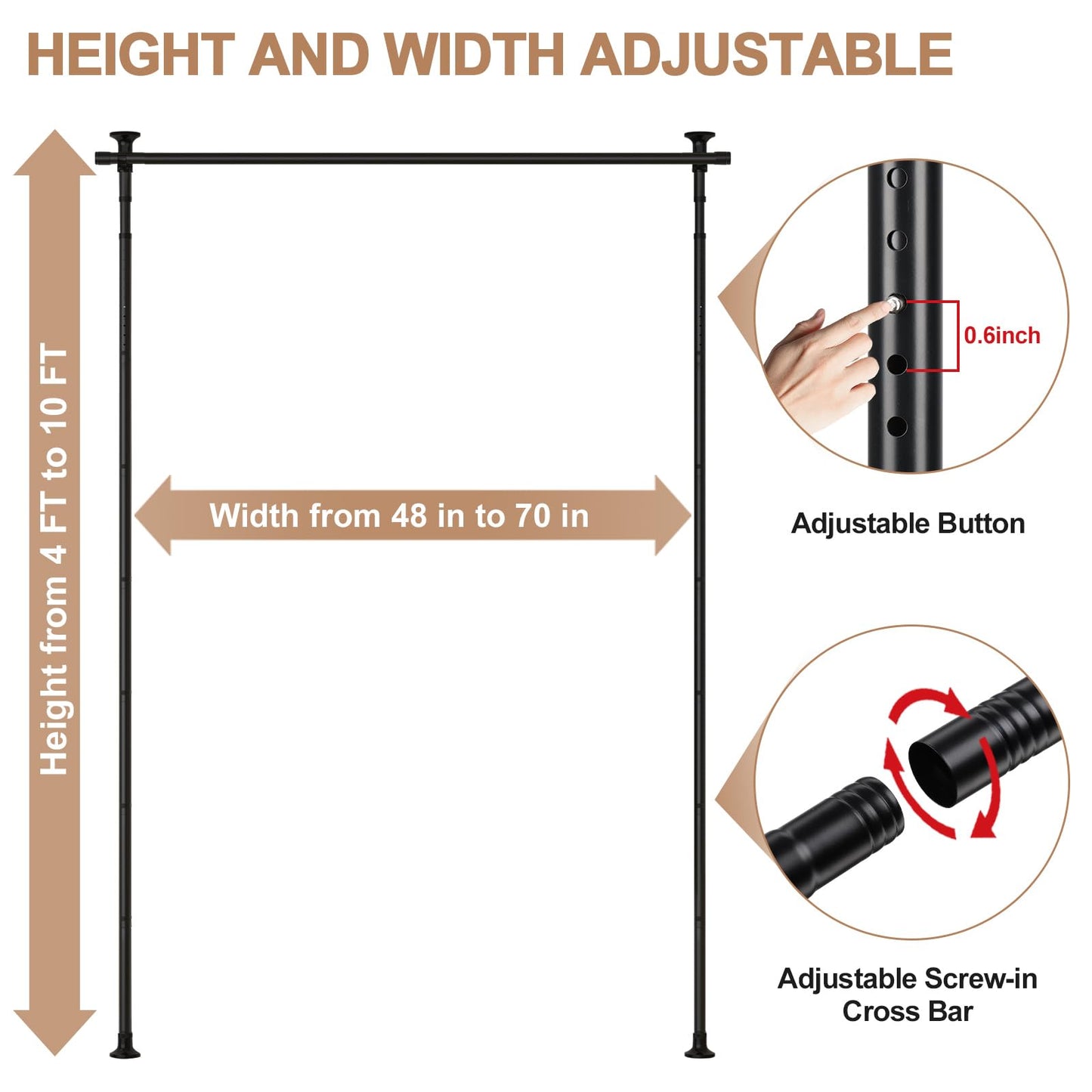 Room Divider Rod, Curtain Rod No Drilling Partition Room Dividers Tension Rod, 4-10ft (H) 48-72inch(W) Floor to Ceiling Room Black