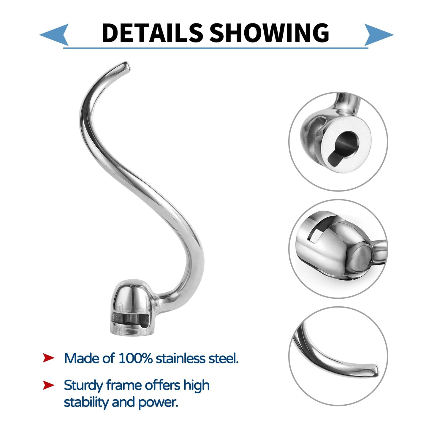 Stainless Steel Spiral Dough Hook Compatible with KitchenAid 5 Plus- 6QT Mixer,Bowl Lift Stand Mixer Accessory, Dough Hook,Rust Resistant, Effectively Kneads Bread,Pizza and Biscuits,Dishwasher Safe