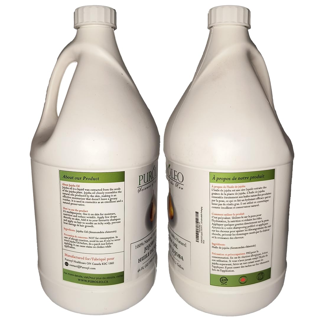 PUROLEO Jojoba Oil 64 Fl Oz/1900 ML (Packed In Canada) 100% Pure and Natural for Hair Oil, beard oil , Cuticle Oil, baby oil & Face Oil | |Personal Beauty Pack Easy to carry | Premium Leakproof unbreakable Packaging