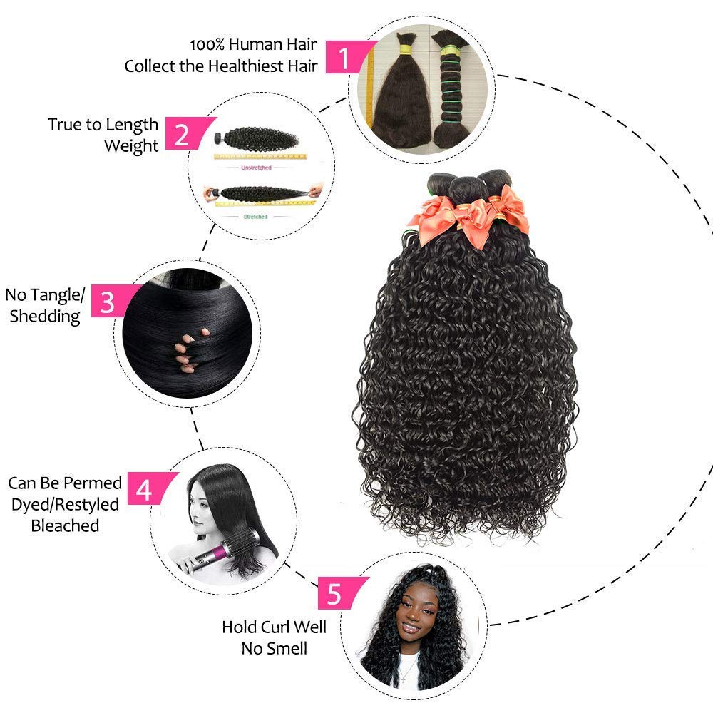 Brazilian Hair Water Wave 3 Bundles with Closure Wet and Wavy Human Hair Bundles Ocean Wave Human Hair Weave Extensions Human Hair Bundles Brazilian Water Curly Hair (16 18 20 +14)