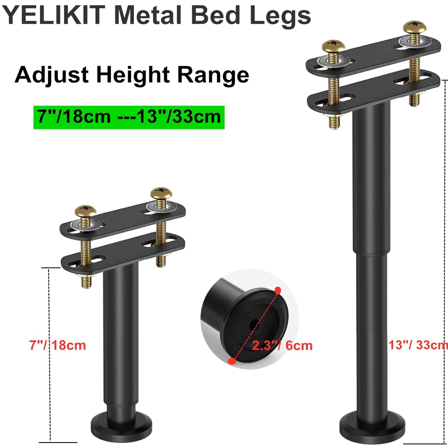 4 Pcs 7"-13" Adjustable Bed Legs, YELIKIT Adjust Height Bed Support Legs for Bed Frame/Bed Center Slat, Metal Adjustable Furniture Replace for DIY Furniture, Kitchen Cupboard Sofa Beds(18-33CM)