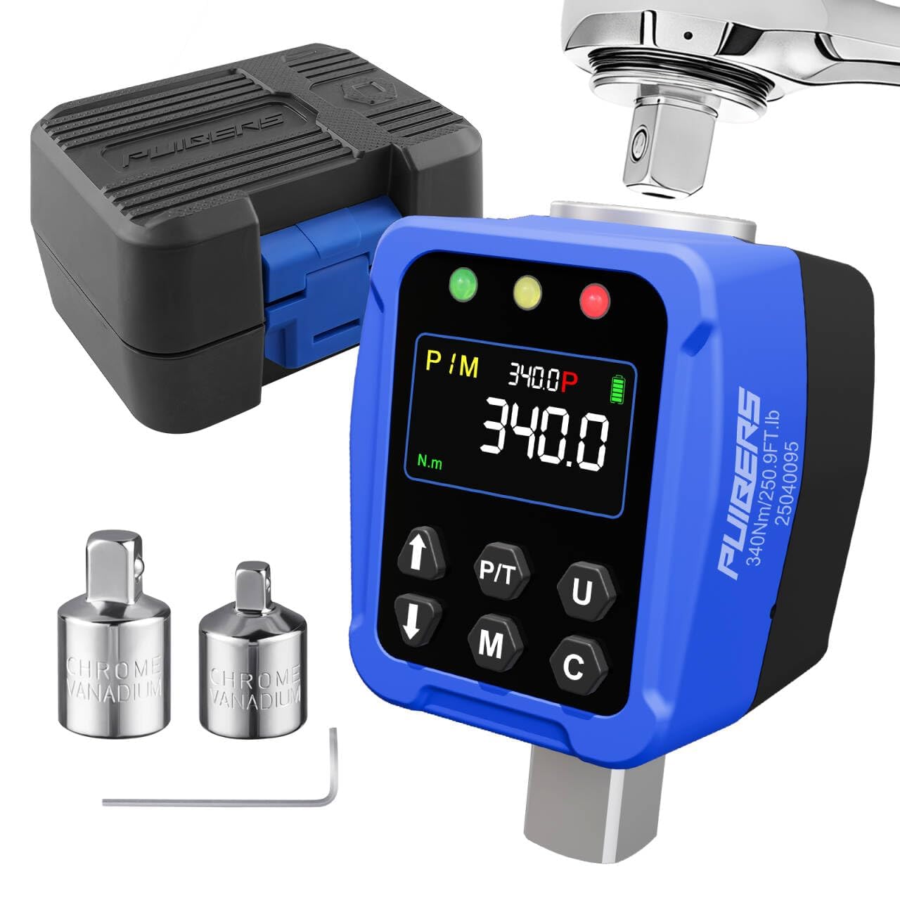 PUIBERS 1/2" Drive Digital Torque Wrench Adapter- 12.5-250.7 Ft-lb / 17-340 Nm, Digital Torque Adapter ±2% Accuracy, Colour LCD Display, 1/4” & 3/8” Adapters for Car & Motorcycle Maintenance