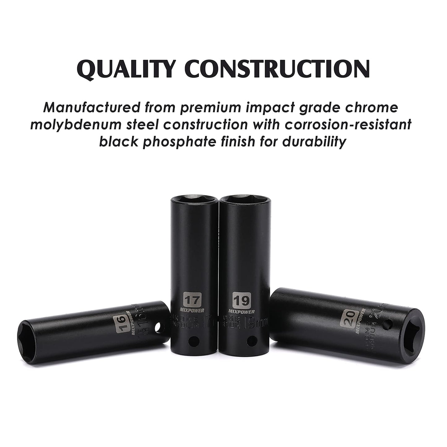MIXPOWER 1/2-Inch Drive Deep Impact Socket Set, CR-V, Metric Size 10-24mm, 6 Point, Perfect for Home, Mechanic and Repair Project, 19-Piece Sockets Set with Extension Bar and Universal Joints.