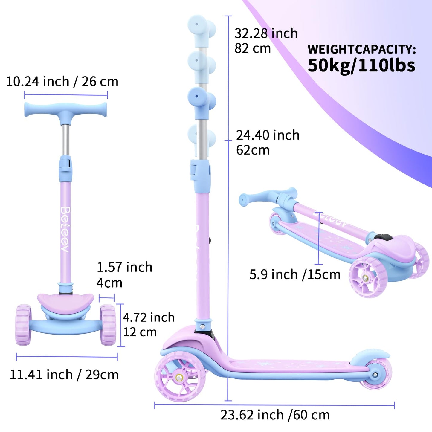 BELEEV A8 Scooter for Kids Ages 3-12, 3 Wheel Folding Scooter for Toddlers Girls & Boys with LED Light Up Wheels, 4 Adjustable Height, Extra Wide Deck, Lightweight Kick Scooter for Children (Purple)