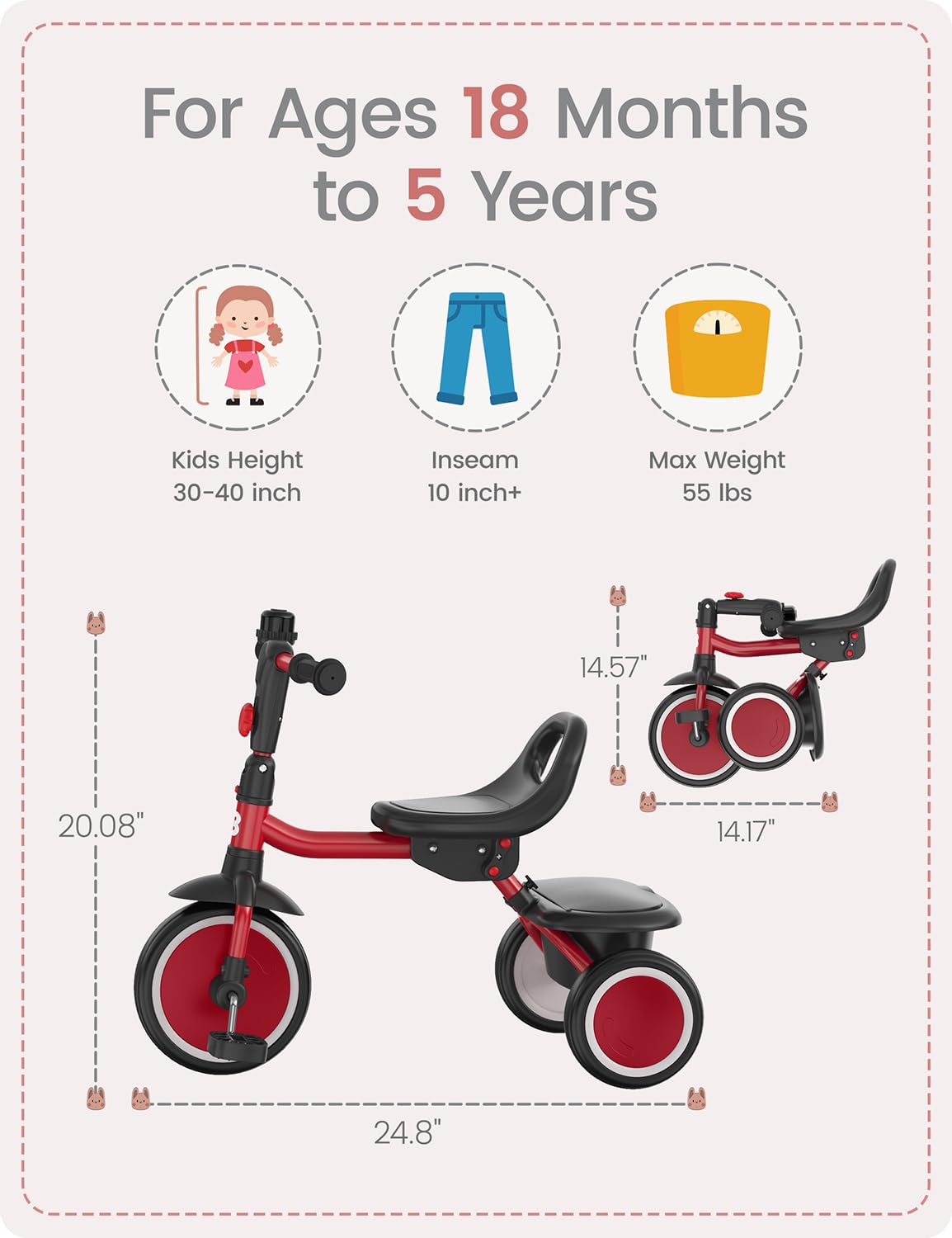 besrey Kids Tricycles Age 18 Month to 5 Years, Toddler Tricycle Kids Trikes Tricycle, Gift Toddler Tricycles for 2-5 Year Olds, Gift & Toys for Boy & Girl, Trikes for Toddlers, Red