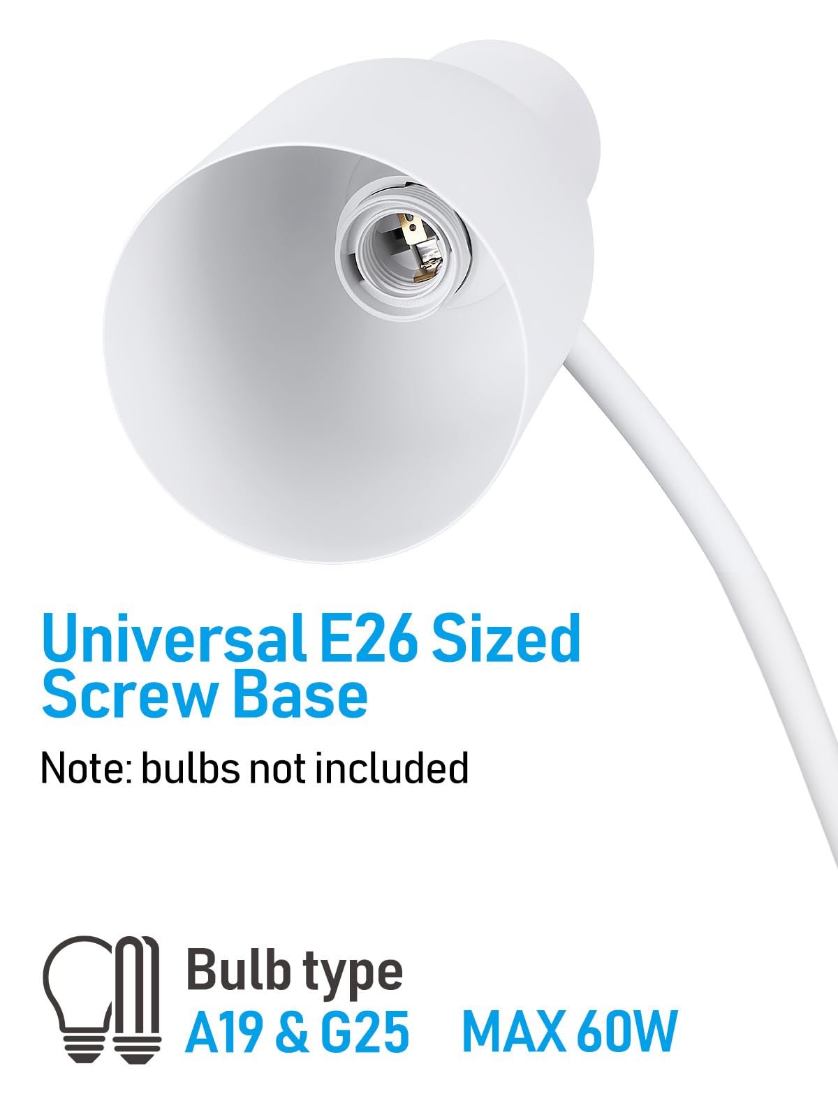TORCHSTAR Metal Desk Lamp Aesthetic, Vase Shape Design, E26 Base, Max 60W Modern Goose Neck Task Desk Lamp with On/Off Switch, White, for Bedroom, Nightstand, Home Office, Bulb Not Included