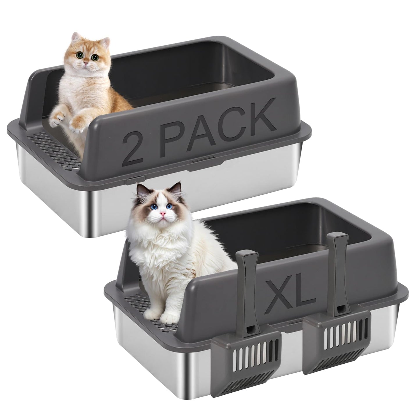 2 Pack Stainless Steel Open Cat Litter Box, Large Cat Litter Tray for Big Cats, 24" L x 16" W x 9.8" H, Metal Litter Box High Sided, Easy Cleaning, Include Scoop (Dark Gray)