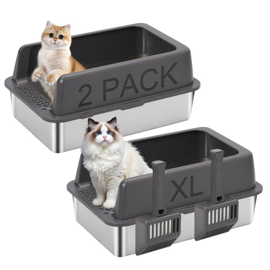 2 Pack Stainless Steel Open Cat Litter Box, Large Cat Litter Tray for Big Cats, 24" L x 16" W x 9.8" H, Metal Litter Box High Sided, Easy Cleaning, Include Scoop (Dark Gray)