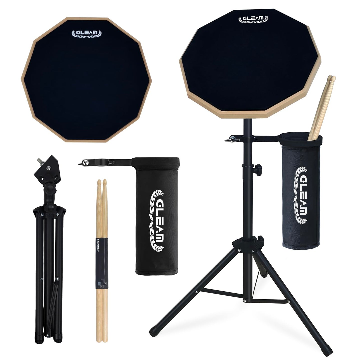 GLEAM Drum Practice Pad with Iron Drum Stand Set, 12-Inch Silent Practice Pad Kit with Drum Sticks, Drumstick Holder, Suitable for Beginners, Black