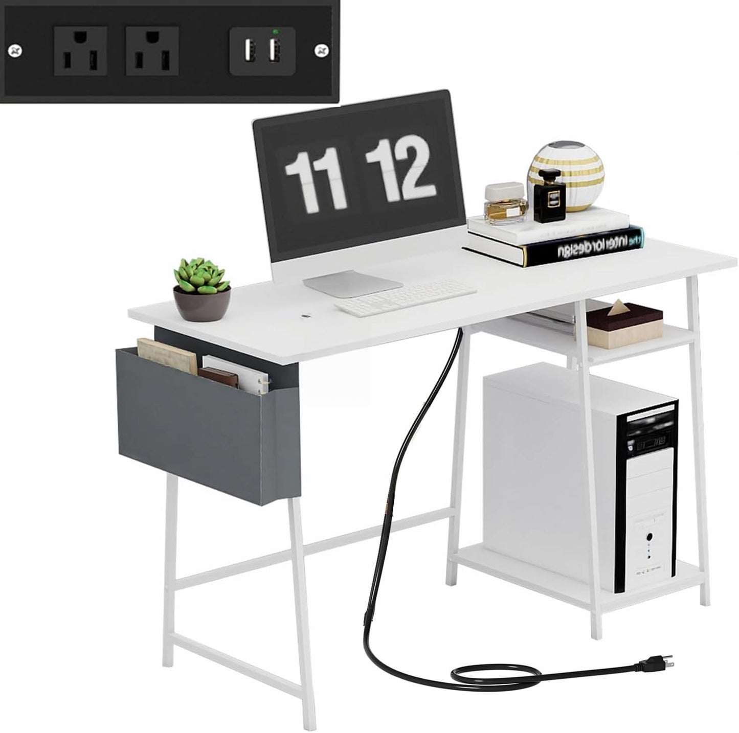 Small Computer Desk, 32 inch Bureau de Travail with 2 Tier Shelves, with Power Outlets Gaming Study Table, Wood Dressing Desks with Metal Frame, for Bedroom, Livingroom, Office White