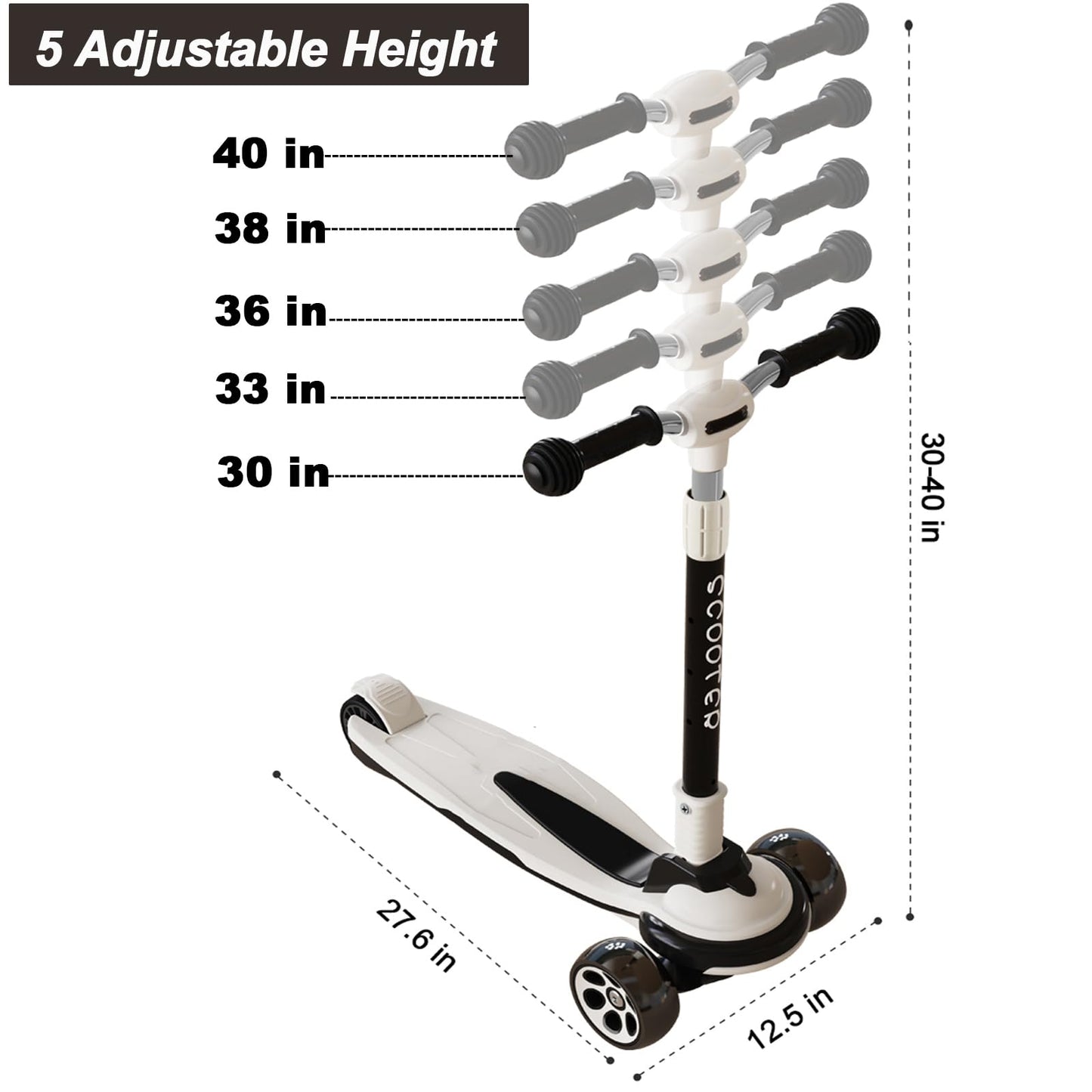 CLrkualn Kick Scooter for Kids Ages 6+, 5 Adjustable Height Foldable Scooter with 3 LED Light Wheels, Outdoor Activities for Toddlers Boys Girls, Max Load up to 240 lbs (Black and White)