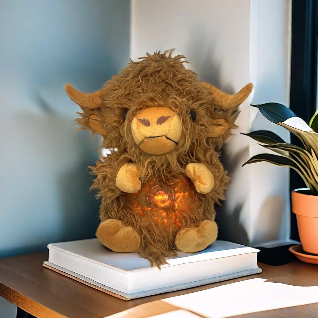 Soothing Snuggle Cute Highland Cow Stuffed Animal with Realistic Breathing Action and Lighted Music, Sleeping Cow Plush Toy (13.5-inch)