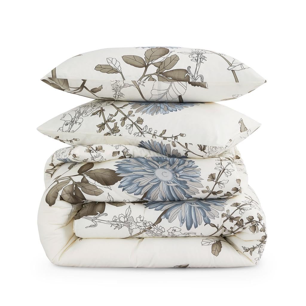 Wake In Cloud - Floral Comforter Set, Botanical Flowers Pattern Printed, 100% Cotton Fabric with Soft Microfiber Inner Fill Beddings (3pcs, Queen Size)