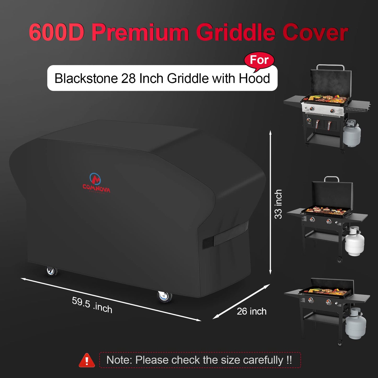 Comnova Griddle Cover for Blackstone 28 Inch Griddle with Hood - 600D Flat Top Grill Cover for Blackstone Pro Series Grill Heavy Duty Waterproof, 28 in BBQ Cover for Black Stone 1883, 1924 and More