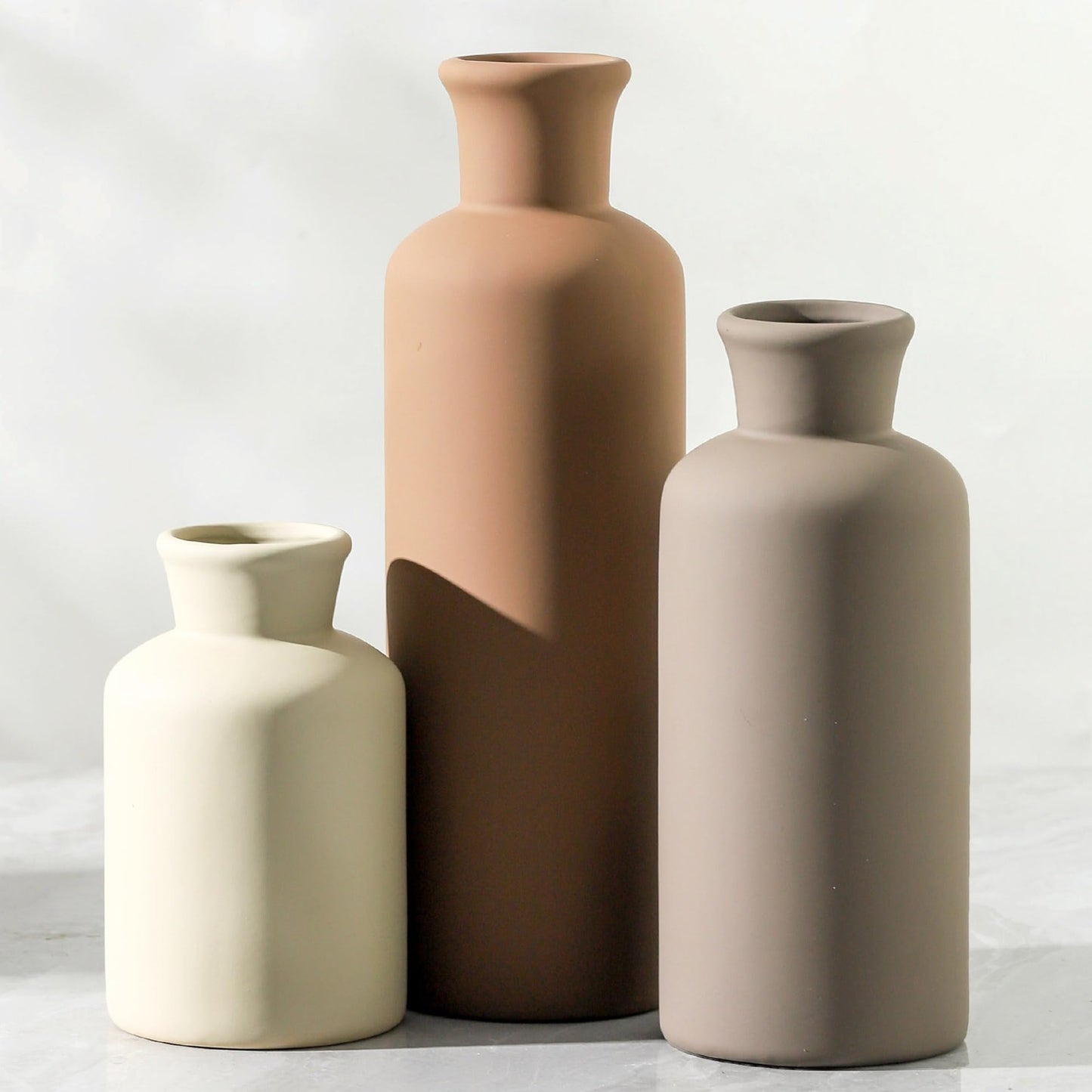 Vase Set of 3, Ceramic Vases Neutral Modern Vases Home Decor Rustic Farmhouse Decor Flowers Pampas Vase for Table Mantel Entryway Shelf Living Room Kitchen Bathroom - Brown