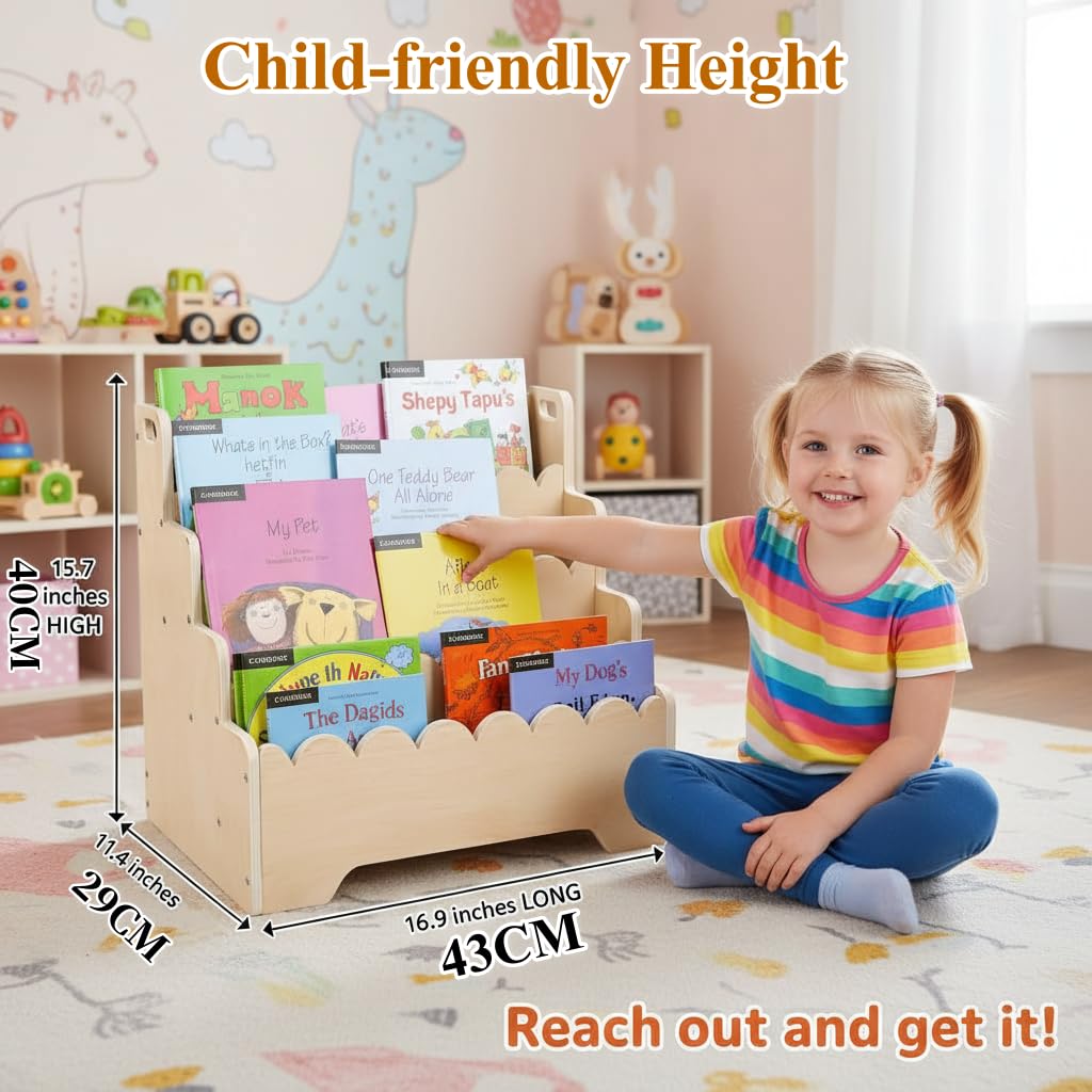 Wooden Tiered Montessori Kids Bookshelf & Portable Baby Book Organizer – Front-Facing 4-Tier Display Shelf with Scalloped Edge – Natural Wood Small Children Book Case for Nursery & Toddler Playroom