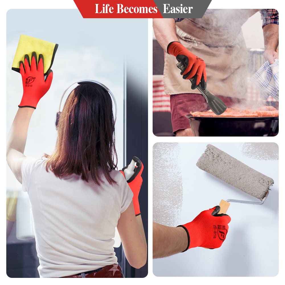 48 Pairs Gardening Gloves for Men Women Rubber Coated Breathable Large Garden Construction Gloves Men Safety Work Gloves, Black & Red