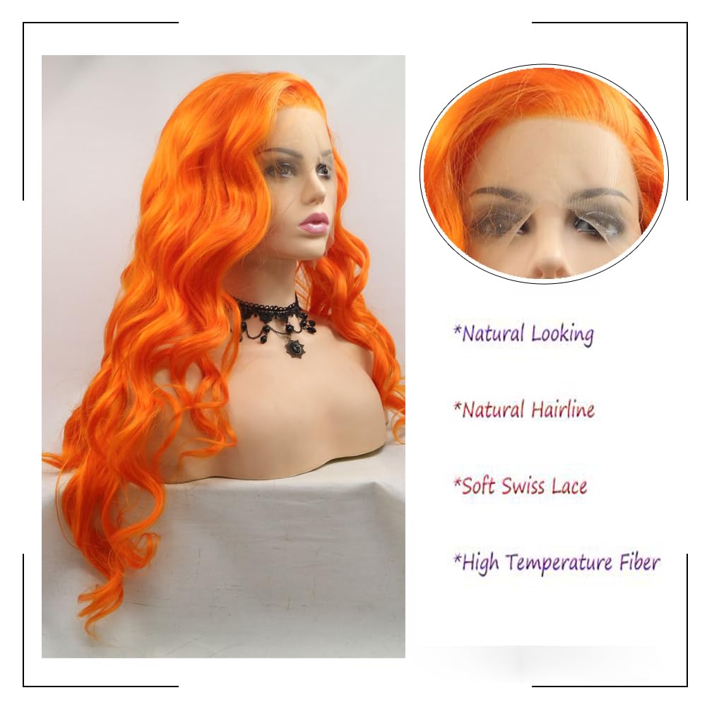 Angle Lucky Pastel Orange Wigs for Women Long Loose Wavy Mixed Orange Wig Natural Hairline Lace Frontal Wig Heat Resistant Fiber Premium Glueless Wig Drag Queen Halloween