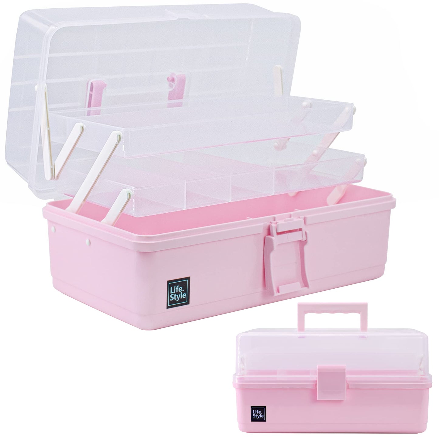 Creahaus 34cm Art Craft Organizer Storage Box with 3 Layers, Multifunctional Plastic Tool Box with Handle for Sewing, Makeup, Medicine, Nail, Hair Accessories (Pink)
