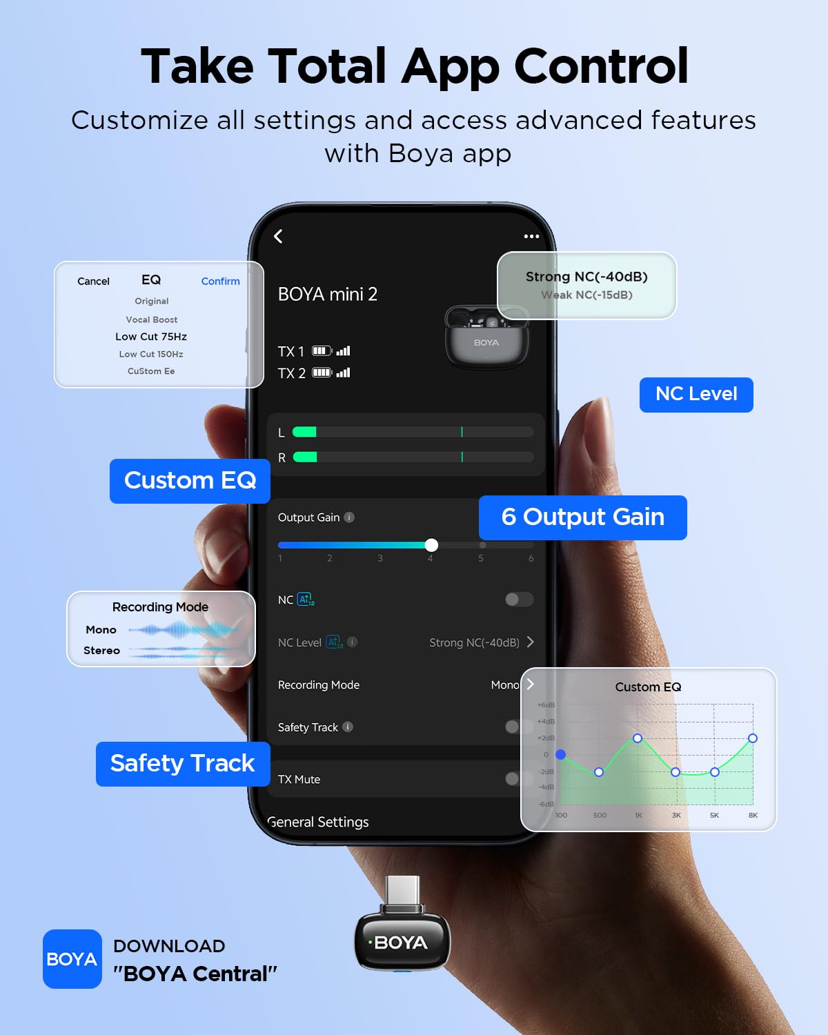 BOYA Mini 2 Wireless Lavalier Microphone for iPhone 15/16/17 Android, with AI Noise Cancellation, App Control, 30H Battery, USB-C Mic for Video, Podcast, Vlogging
