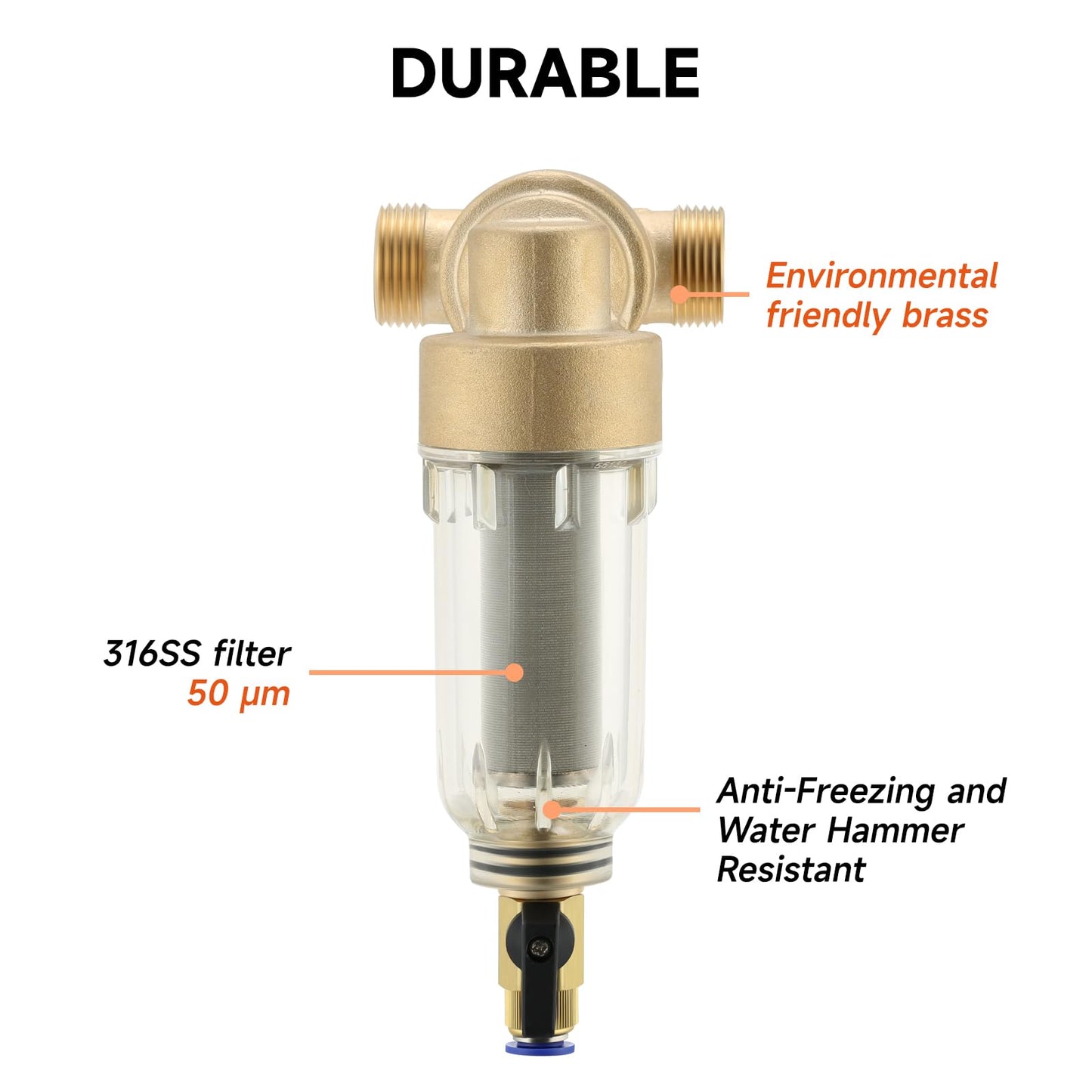 Roastove 360° Mountable Spin Down Sediment Water Filter, Pre-Filter for Whole House, Contains Two 3/4" Push-to-Connect Fittings, Rated at 50 Micron,with an Extra 100 Micron Filter Element