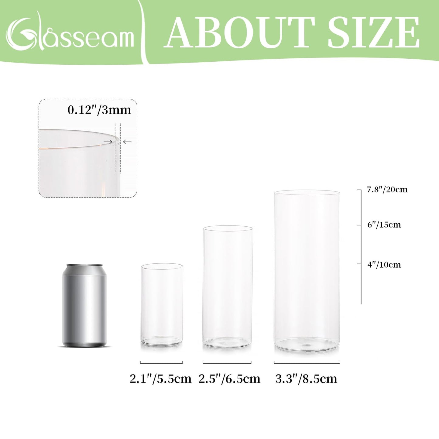 Glasseam Cylinder Vases Set of 12, Hurricane Candle Holder Clear Different Sizes, Modern Glass Cylinder Vase, Glass Vases for Centerpieces for Home Decor Wedding Centerpieces, Events, 4''+ 6''+7.8''