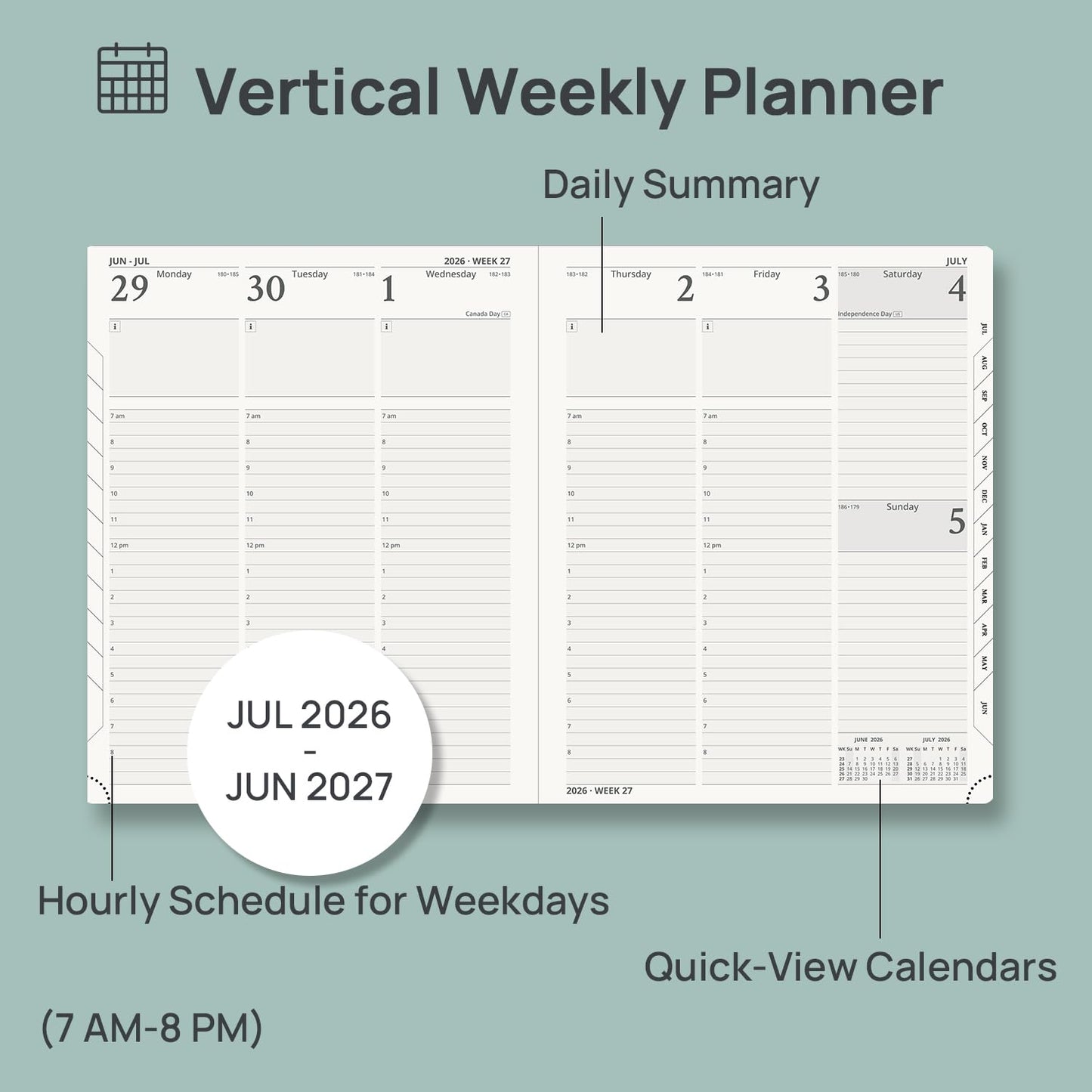 POPRUN Planner 2026-2027, Large-8.5'' x 10.5'', Academic Year Agenda (July 26 - June 27) with Hourly Time Slots, Weekly and Monthly Planner for time Management, Leather Soft Cover - Brown
